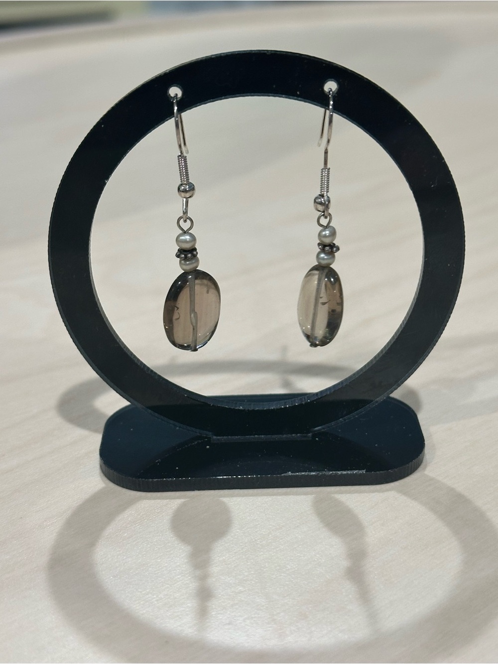 Smoky Glass and Faux Pearl Drop Earrings
